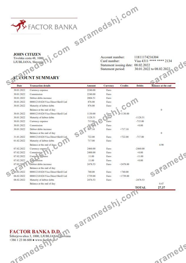 Slovenia Factor Banka bank statement